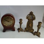 Small brass 3 piece clock garniture and a mantel clock in polished case