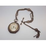 A ladies Swiss continental silver fob watch with fancy Albertine T-bar and chain