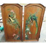 Pair of large early 20th century oil on teak panels depicting exotic birds,