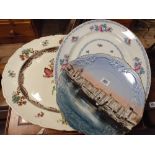 Two Victorian oval meat plates and a transfer printed plate decorated with scene of La Rochelle