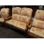 Pine framed 2 seater settee 3 piece suite with gold patterned cushions