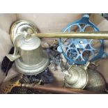 Large box of brass including trivet, horse brasses, ashtray, wall hanging bell etc.