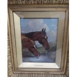 Oil on panel depicting horses drinking attributed to T H Wheeler in a swept gilt frame. Glazed.