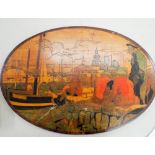 19th century pokerwork oval panel depicting a harbour scene with fisherman - 40cm x 60cm