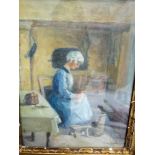 Early 20th century gilt framed oil on board depicting interior kitchen scene with seated female