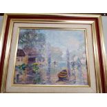 Two framed oil on board French paintings, one depicting a river scene, the other of Venice.