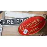 Four assorted cast iron signs Fire Brigade, SS Titanic, Gardener Diesel,