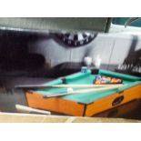 Mini pool table, pool balls, cordless screwdriver, battery charger, snooker cues,