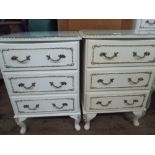 Pair of cream and gilt three drawer bedside cabinets on cabriole legs