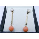 Cultured pearl 9ct gold bar and coral bead drop earrings