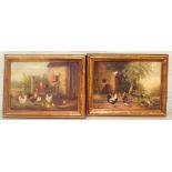 Julias Scheurer a pair of chickens ducks etc in farmyard scenes in gilt frames each 14cmsx21cm