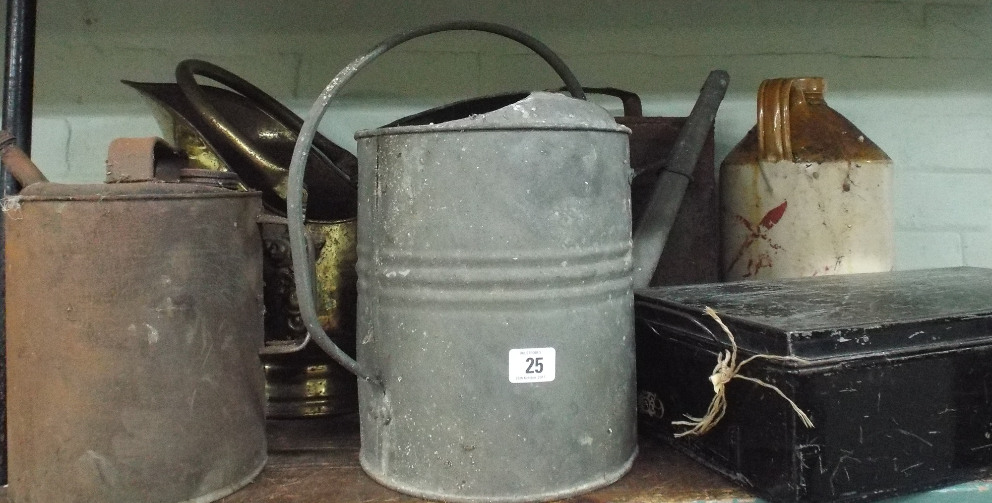 Copper coal scuttle, old petrol can, metal cash box,