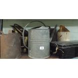 Copper coal scuttle, old petrol can, metal cash box,