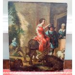 Oil on panel of a farmyard scene, lady in a red dress astride a donkey.