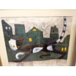 Stylised modern picture of a black and white cat and a limited edition print of Fowey,