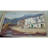 Two large paintings on board of Spanish village scenes signed J Fuentes