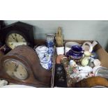 Three large boxes of clocks, china, glass, ornaments, pictures, metal cash boxes,