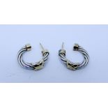 Pair of modern 18ct yellow gold and silver half-hoop earrings, fully hallmarked on posts,