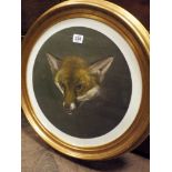 A circular framed coloured print of a fox head