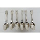 Six 19th century teaspoons engraved with initial R, 5 London marks 1854, 1 London 1810,