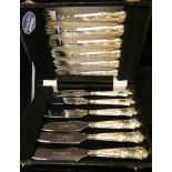 Cased set of six silver handled pastry knives and forks