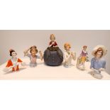 A group of six Art Deco porcelain pin cushion half dolls All dolls in good