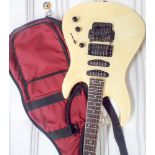 RGX Yamaha black and cream electric guitar with a five-way selector switch in its fabric red and