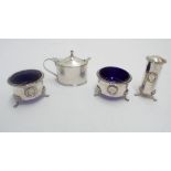 Three piece condiment set, salt and pepper, London Hallmarks 1947,