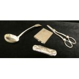 Engine-turned silver small cigarette case, Scottish silver sauce ladle, gross weight of two 2.