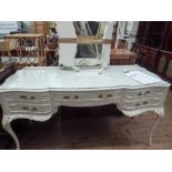 Large 16" long cream and gilt dressing table with triple mirror