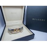 Bulgari Tubogas bracelet in 18ct pink gold and steel with a pavee diamond disc fastening in