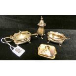 Three piece hallmarked silver condiment set,