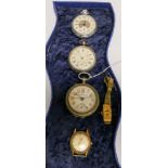 A collection of watches to include a ladies Art Deco style watch and three pocket watches