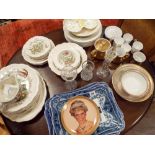 Part dinner and tea service, blue and white plates, fruit bowls, glass vases,