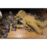 Quantity of assorted pewter soldier figures, larger figure, old Teddy bear, mirror,