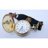 Victorian 14ct rose gold hunter fob watch on black silk ribbon fob with faceted red stone swivel