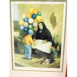 Framed picture of balloon seller and another of children at the seaside