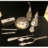 Cut glass and silver mounted powder bowl, scent bottles, dressing table jars,