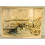 Cecil Miller a framed water colour of Harvey's landing stage Sandbanks 39cmsx54cms