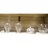 Various cut glass decanters, butter dish,