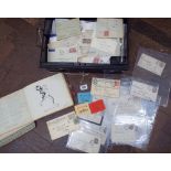 Small black deed box containing first day covers, English and foreign stamps, stamp books for 5,