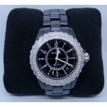 Chanel J12 automatic Chrono black ceramic wristwatch with diamond bezel, 38ml dial,