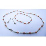 9ct gold rice pearl and coral bead necklace,