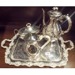 Plated engraved two-handled tray, coffee pot,