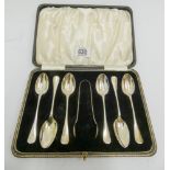 Case set of six teaspoons and sugar nips