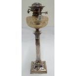 Edwardian silver Corinthian column oil lamp with cut glass bowl shade, Sheffield Hallmarks 1902,