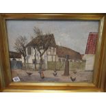 Danish oil on canvas painting of a rural scene with chickens signed Vilh Bare.