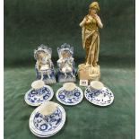 A Royal Dux figure of a shepherdess together with miniature blue and white cups and saucers and a