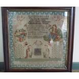 A large needlework sampler dated 1850 in a rosewood frame 24" square