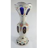 Bohemian overlaid blue glass vase decorated with flowers, height 31cm.